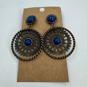 Premier Designs Indigo Blue Antique Gold Pierced Earrings Round Dangle Disc